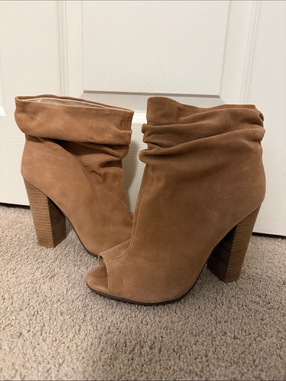 Chinese Laundry Tan Suede Peep-Toe Slouch Booties